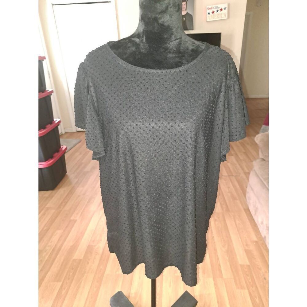 New 3X C'est La Vie Black Short Flutter Sleeve Swiss Dot Pullover Shirt Top